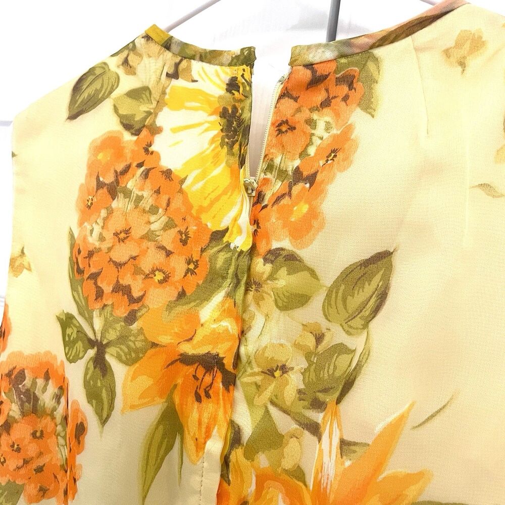60s Vintage Yellow Floral Gown Sleeveless Maxi A-Line Dress Empire Waist Sz S/M - Picture 4 of 6